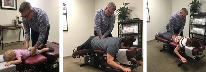 Chiropractor Gilbert AZ David Campbell Adjusting Patients 1 A photo grid of Dr. David Campbell adjusting three patients.